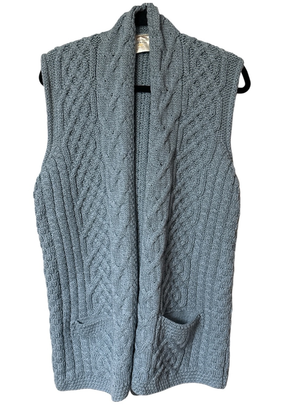 Kilronan Knitwear Merino Wool Cable Knit Longline Vest Pockets Ireland Blue S